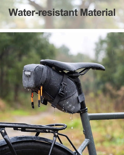 Expandable Bike Seat Bag Under Seat Waterproof Saddle Bag For Mountain Road And Commuter Bikes 1.5L To 2L Capacity attached.