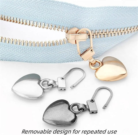 Multicolor Heart Shaped Zipper Pull Replacement Kit with metal heart-shaped pulls for backpacks, coats, jackets, pants, and luggage