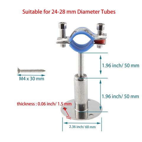 Front view Bociloy 304 stainless steel adjustable pipe clamp bracket for 24-28 mm tubes, 2 pcs