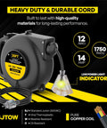 Retractable Extension Cord Reel With Light Indicator 25 Feet Heavy Duty 12 Gauge 3 Wire Cable Triple Outlet Wall Mount Power Reel for Garage and Workshop UL Listed 14 Amp 125 Volt 1750 Watt