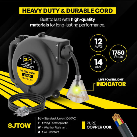 Retractable Extension Cord Reel With Light Indicator 25 Feet Heavy Duty 12 Gauge 3 Wire Cable Triple Outlet Wall Mount Power Reel for Garage and Workshop UL Listed 14 Amp 125 Volt 1750 Watt