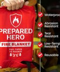 Straight Up Heavy Duty Emergency Fire Blanket For Kitchen And Home Safety No Sweat Flame Control With Quick Deploy Pull Tabs No Mess Cleanup 47 By 71 Inches, red fire blanket showing features like waterproof and tear-resistant.