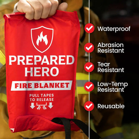 Straight Up Heavy Duty Emergency Fire Blanket For Kitchen And Home Safety No Sweat Flame Control With Quick Deploy Pull Tabs No Mess Cleanup 47 By 71 Inches, red fire blanket showing features like waterproof and tear-resistant.