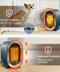 Image of Quiet Ceramic Space Heater for Indoor Use next to dog, showcasing tip-over and overheat protection features, with fan and controls visible.