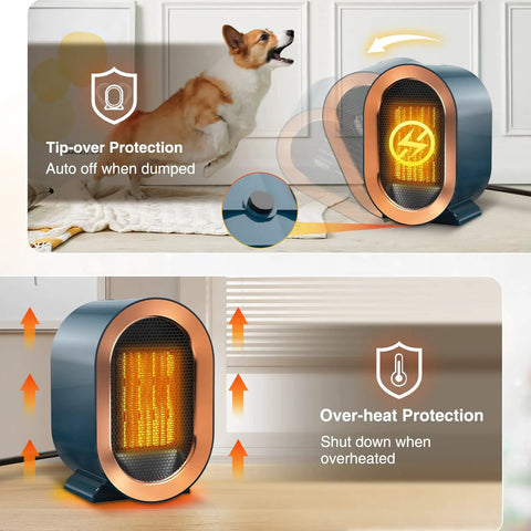 Image of Quiet Ceramic Space Heater for Indoor Use next to dog, showcasing tip-over and overheat protection features, with fan and controls visible.