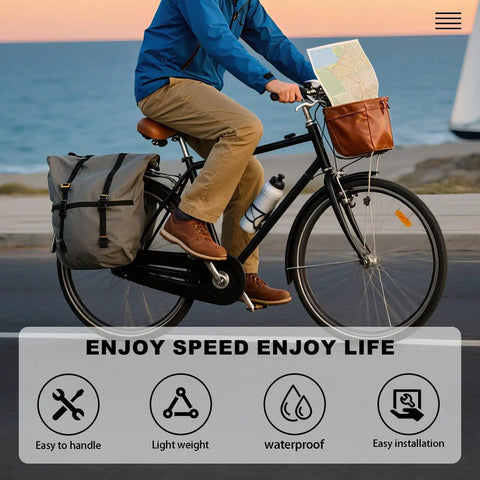 Cyclist on a city bike with panniers, beach in background, highlights easy handling, lightweight, waterproof, easy installation.