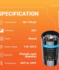UL Certified 161-193 UF Round Motor Start Capacitor 125 VAC Replacement For Single Phase Pool Pump or Well Pump CD60