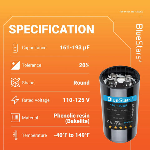 UL Certified 161-193 UF Round Motor Start Capacitor 125 VAC Replacement For Single Phase Pool Pump or Well Pump CD60