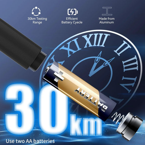 Visual fault locator fiber optic tester, 30 km range, aluminum body; two AA batteries not included, FC-LC adapter.