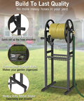 Ground Mount Garden Hose Reel Holds 125 Feet Of Five Eighths Inch Hose With 3.9 Ft Leader Hose And Brass Fitting, featuring storage rack and metal stake.