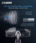 Front view of LANON anti-fog safety goggles with adjustable temples and clear, high-transmission lenses.