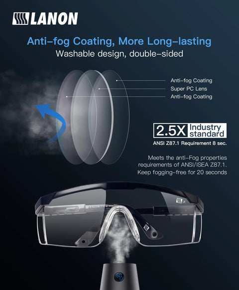 Front view of LANON anti-fog safety goggles with adjustable temples and clear, high-transmission lenses.
