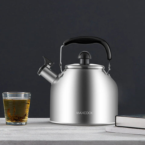 4.2 Quart Stainless Steel Whistling Tea Kettle With Brushed Satin Finish Induction And Gas Stove Top Compatible Durable SUS304 Build on table