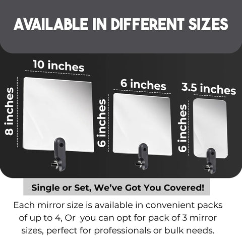 Three mirrors available in sizes 10x8 inch, 6x6 inch, and 3.5x6 inch, ideal for Flex Vue Inspection Mirror With Threaded Adapter.