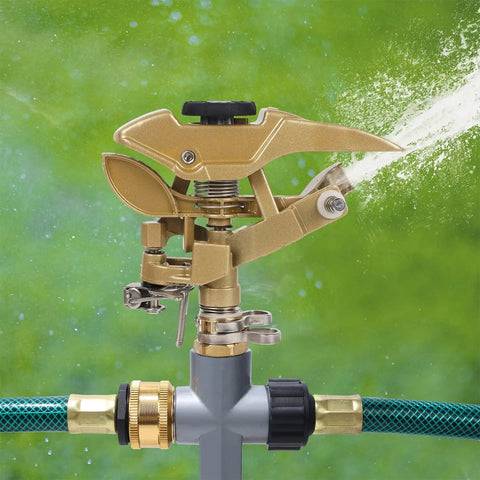 Close-up of Two Pack Impact Sprinklers with Metal Step Spikes, Heavy Duty Zinc Alloy Lawn Sprinkler Heads On Spike Bases in action