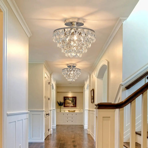 Crystal Chandelier Ceiling Light Semi Flush Mount With E26 Base In Silver Chrome Finish Dope Sparkling Crystal Fixture For Hallways Bedrooms Bathrooms Closets And Foyers Bulbs Not Included 110V 60W mounted in a hallway