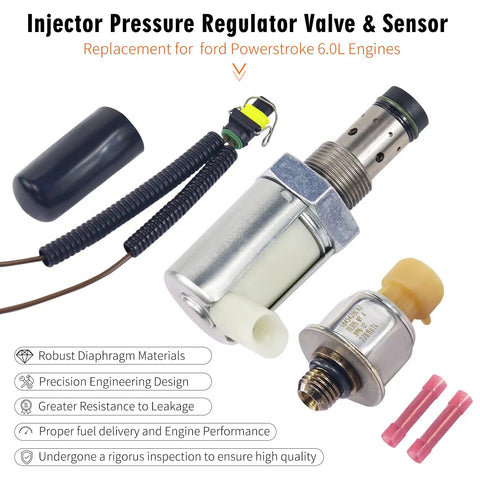 Injector Pressure Regulator Valve & Sensor for Ford Powerstroke 6.0L engines, showing components and connectors.