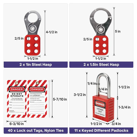 Lockout Tagout Station Kit With 11 Safety Padlocks, 4 Hasps, 40 Lockout Tags, 40 Nylon Ties, Durable Storage Board For OSHA Compliance