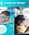Child wearing Pluggies Kids Ear Plugs For Small Ear Canals With 25 dB Noise Reduction, swimming and on airplane.