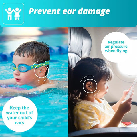 Child wearing Pluggies Kids Ear Plugs For Small Ear Canals With 25 dB Noise Reduction, swimming and on airplane.