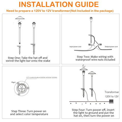Installation guide for Selectable 3000K 4000K 5000K LED Landscape Pathway Lights Pack Of 6 Low Voltage 5W 12V 15V AC DC.