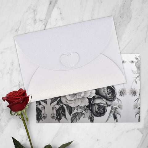 Floral Graphite Print Greeting Cards Half Fold For All Occasions in White Photo Paper 4x6 Inches with rose and heart envelope