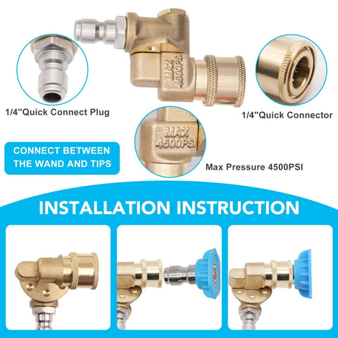 Brass pressure washer turbo nozzle kit with 1/4-inch quick-connect and 360° rotating spray, 7 tips.