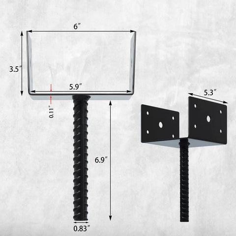 U Shape Fence Post Holder 6x6 Inches 4 Pack For 5.5x5.5 Wood Posts And Concrete Post Anchor with dimensions and metal rod