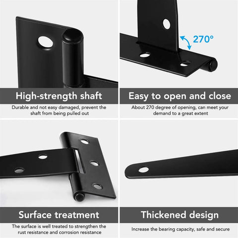 Four images of Six Pack T Shaped 4 Inch Cabinet Door Hinges With Six Fixing Screw Holes Durable Galvanized Iron Door Hardware showing features