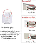 Compatibility chart for Juno Type LED Track Light Head 10W CRI 90 and Up 3000K, showing compatible and incompatible track systems.