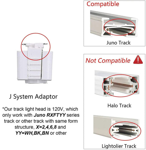 Compatibility chart for Juno Type LED Track Light Head 10W CRI 90 and Up 3000K, showing compatible and incompatible track systems.
