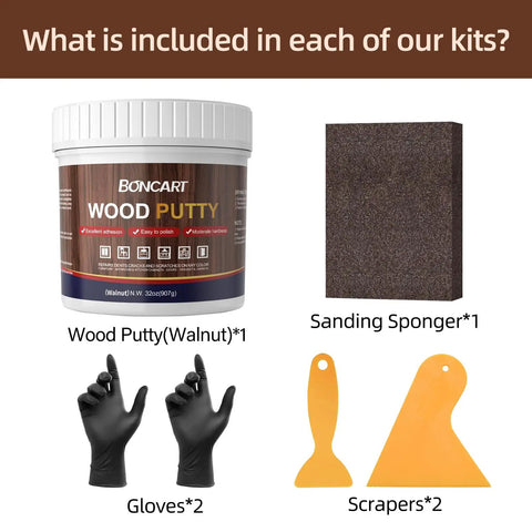 32oz Walnut Wood Filler Putty Repair Kit for Paintable Furniture Fix Up Dents, Cracks, Holes, and Defects with tools