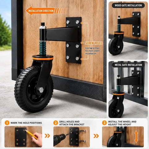 Built Like A Tank These Heavy Duty 6 Inch Solid Rubber Gate Wheels mounted on wood, showing installation guide and details.