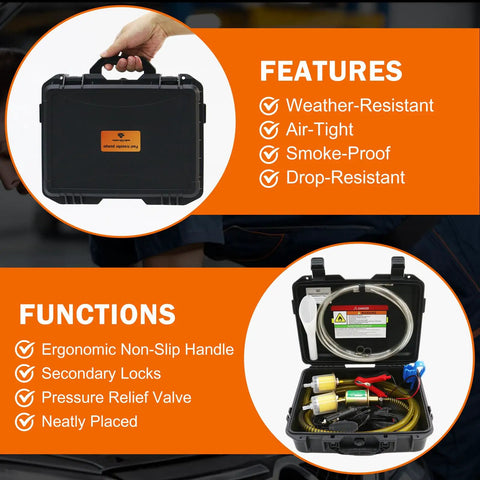 12V Electric Fuel Transfer Pump Kit With Case 30 GPH Inline Pump For Gasoline Or Diesel Self Priming With Filter displayed in weather-resistant case showing tools neatly placed inside.