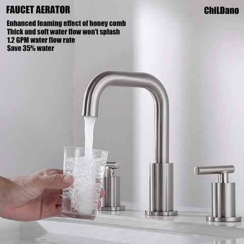 8 Inch Brushed Nickel Widespread Bathroom Faucet With Two Handles, 3 Hole Mount, SpotShield Finish, water flowing into a glass