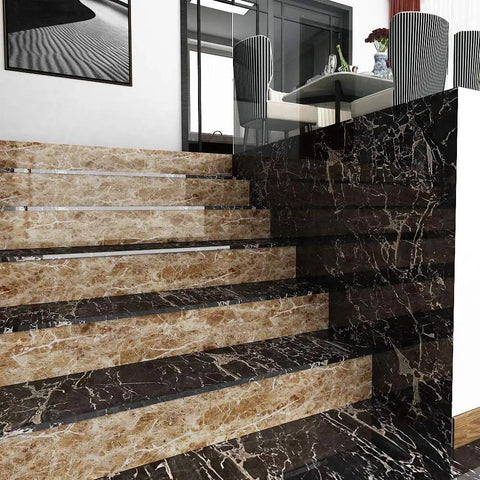 Interior stairs with 36 Inch By 197 Inch Waterproof Marble Contact Paper Peel And Stick Self Adhesive Vinyl Wrap, brown pattern.