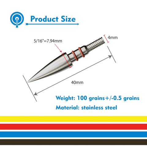 12 Pack Five Sixteenth Inch Archery Arrow Tips, 100 125 150 200 Grain Field Points, Stainless Steel Screw In dimensions diagram