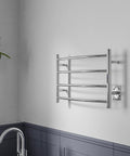 Glow 4 Bar Electric Towel Warmer Rhino Alloy Stainless Steel Polished Chrome Wall Mounted No Fuss 20 Minute Warm Up Fast Heat Easy Clean Modern Home Spa Comfort in a bathroom setting, mounted above a sink.
