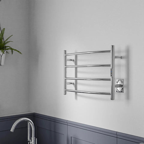 Glow 4 Bar Electric Towel Warmer Rhino Alloy Stainless Steel Polished Chrome Wall Mounted No Fuss 20 Minute Warm Up Fast Heat Easy Clean Modern Home Spa Comfort in a bathroom setting, mounted above a sink.