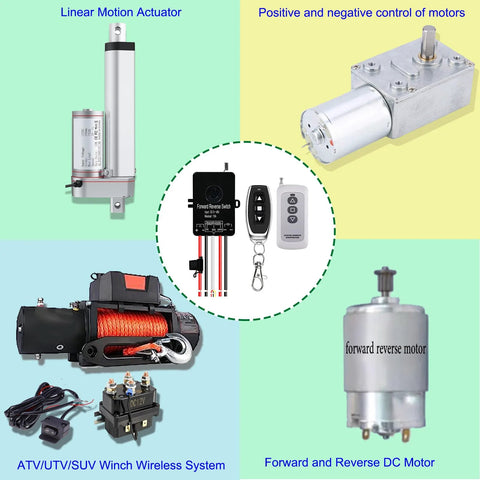 Wireless forward/reverse remote switch kit with handheld remote and controller, plus winch and actuator components