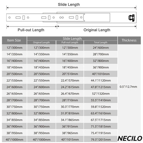 Heavy Duty Drawer Slides Without Lock 150Lb Full Extension Ball Bearing Rails For Kitchen Cabinets Side Mount Metal Tracks 20 To 40 Inch Pair Rust Resistant Zinc Coated Construction size chart.