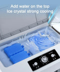 Portable Evaporative Swamp Cooler With Massive Water Tank And Four Ice Packs For Instant Frosty Relief three ice packs and water tank filling process.