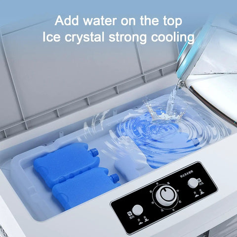 Portable Evaporative Swamp Cooler With Massive Water Tank And Four Ice Packs For Instant Frosty Relief three ice packs and water tank filling process.