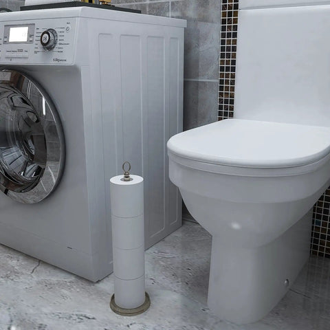 Heavy Duty Free Standing Toilet Paper Holder With Reserve Function, Brushed Nickel, next to a toilet and washing machine in bathroom