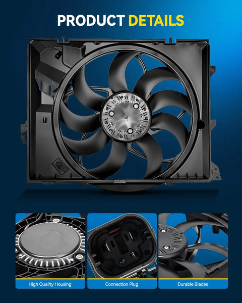 Engine Radiator Cooling Fan Assembly For BMW direct swap fits 328i and 330i N52 motors with durable blades and 4 pin connector.