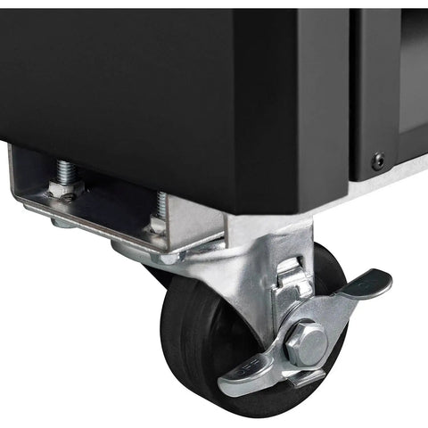 Kickass Commercial Merchandiser Refrigerator Delivering Rock Solid 45 Cubic Foot Storage With Eight Roomy Shelves For Chill Beverage Display At Bars Restaurants Or Retail Spaces, showing a sturdy metal wheel.