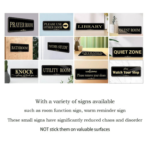 Collection of various self-stick door and wall signs for different room purposes, featuring Acrylic 9x3 Inch Free Library Sign.