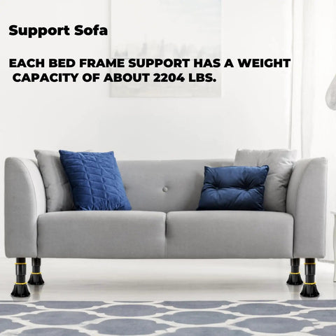 Support sofa featuring Four Pack Adjustable Bed Support Legs Eight Point Five To Thirteen Inches Heavy Duty Center Slat Reinforcement Kit.