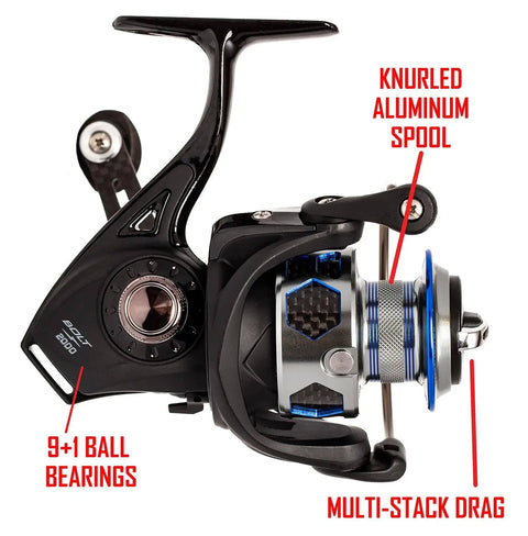 Bolt 2000 Spinning Reel With 6.0 To 1 Gear Ratio, 9 Plus 1 Bearings, Lightweight Graphite Frame, 6061 T6 Anodized Aluminum Spool, Braid Band To Prevent Slippage, Built For Long Casts, Ultra Smooth Distance Casting, Black Finish close-up view