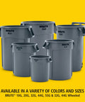 Heavy Duty Round 20 Gallon Trash Can Blue Outdoor Waste Container Built Tough For Landscapers Construction Sites Restaurants Back Of House Offices And Warehouses With UV Protection And Easy Liner Lift shown with other sizes